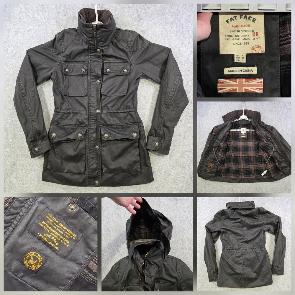 Fat Face Coat Womens 2 Black Hooded Parka Flannel Lined Utility Jacket